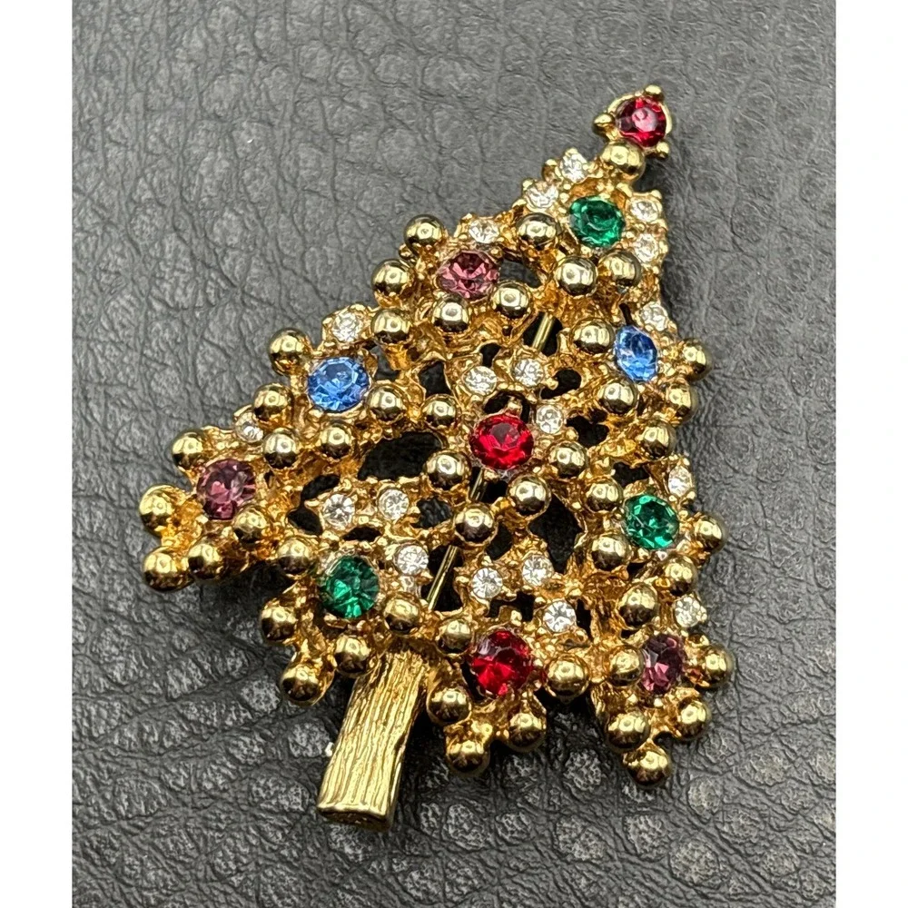 Vintage Colorful Christmas Tree Brooch Rhinestone Red Green Blue Gold Tone